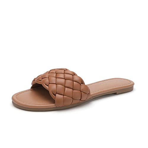 YULVSHOE Women's Braided Flat Sandals Fashion Woven Open Toe Slip On Slides Strappy Beach Sandals Slippers For Summer Tan Slides Size 7.5 | Amazon (US)