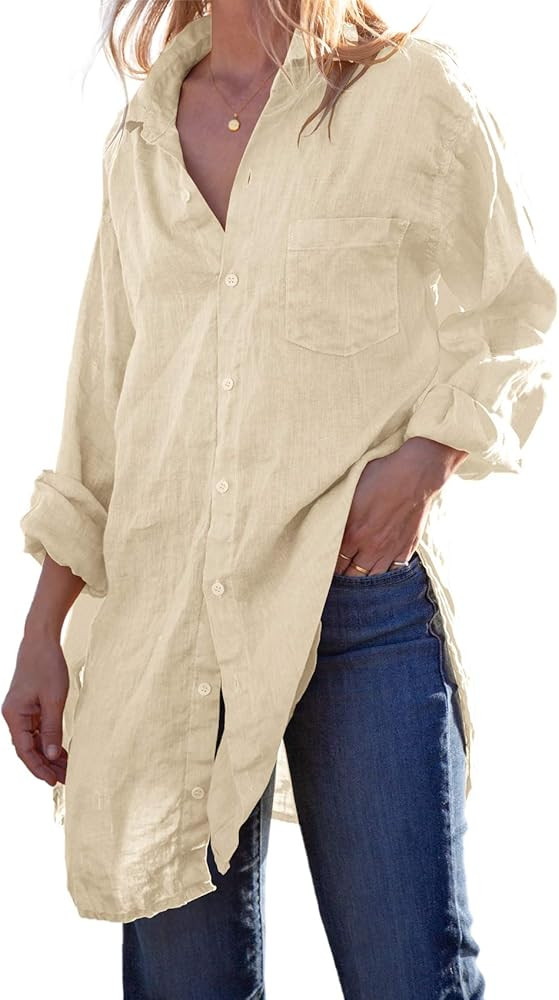 Runcati Womens Button Down Shirts Linen Cotton Long Sleeve Blouse Tunic Tops Cover Up Shirt Loose... | Amazon (US)
