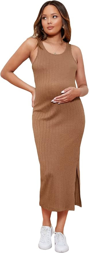 Romwe Women's Maternity Rib Knit Split Side Sleeveless Bodycon Tank Pencil Dress | Amazon (US)