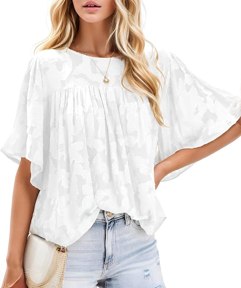 Womens Short Bell Sleeve Blouse Summer Crewneck Lace Tops Floral Flowly Loose Shirts | Amazon (US)
