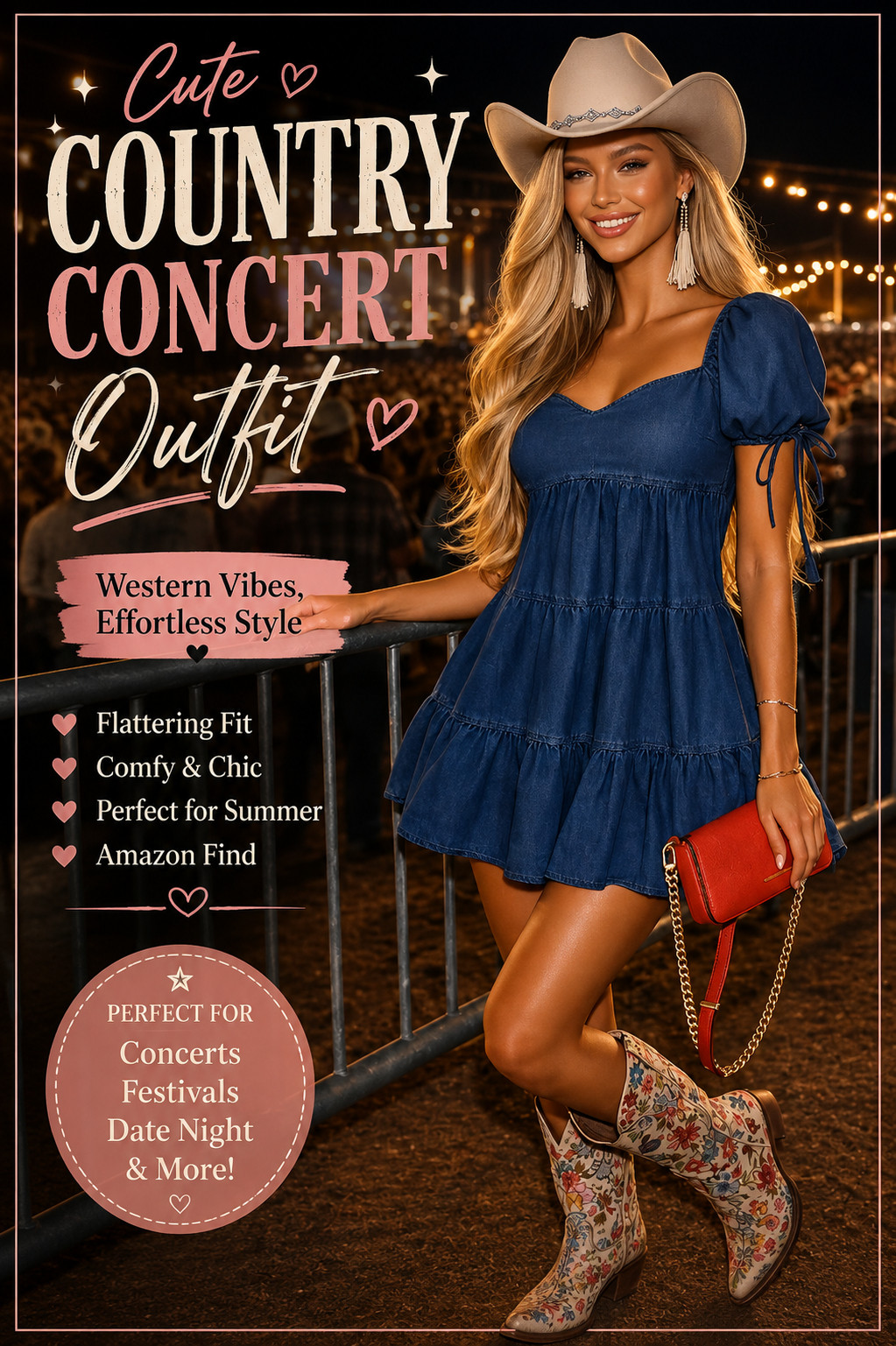 Effortless Country Concert Outfit 🤠✨ This country concert outfit is everything — flirty, comfy, and so on-trend! The denim babydoll dress paired with floral cowboy boots gives the perfect mix of feminine + western vibes. Add a statement cowboy hat, bold red crossbody bag, and tassel earrings for that extra pop. Whether you’re heading to a summer concert, rodeo, or outdoor festival, this look is a total standout 💙🔥 #countryconcertoutfit #westernstyle #cowgirloutfit #denimdress #concertstyle #summeroutfits #festivalfashion #cowboyboots #amazonfashion #outfitinspo #southernstyle #trendingoutfits #countrygirlstyle #westernchic #amazonfinds #affordablefashion #ootd #styleinspo #bohostyle #concertready
