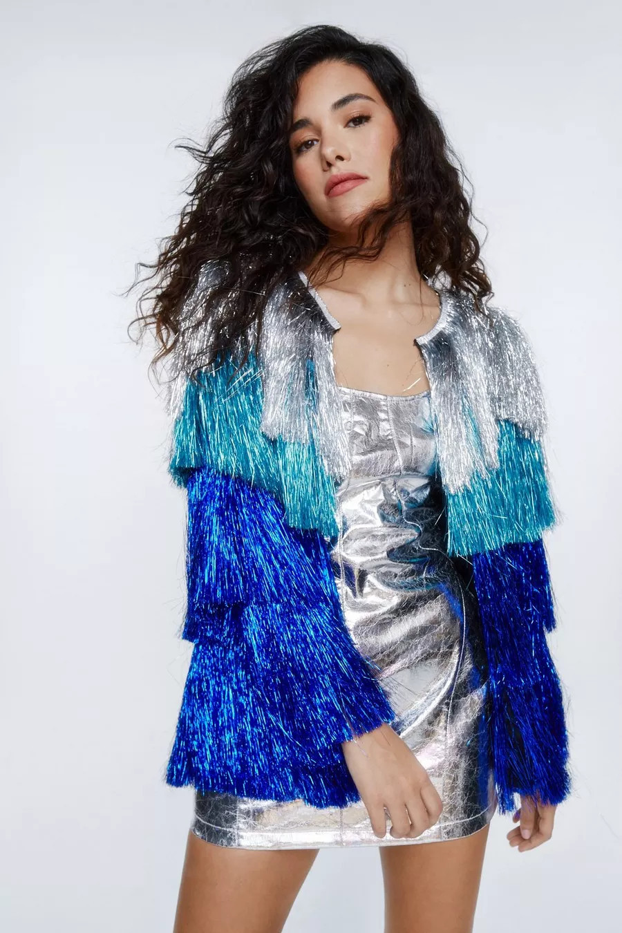 Metallic Tiered Tinsel Fringe Open Front Jacket | Nasty Gal (US)