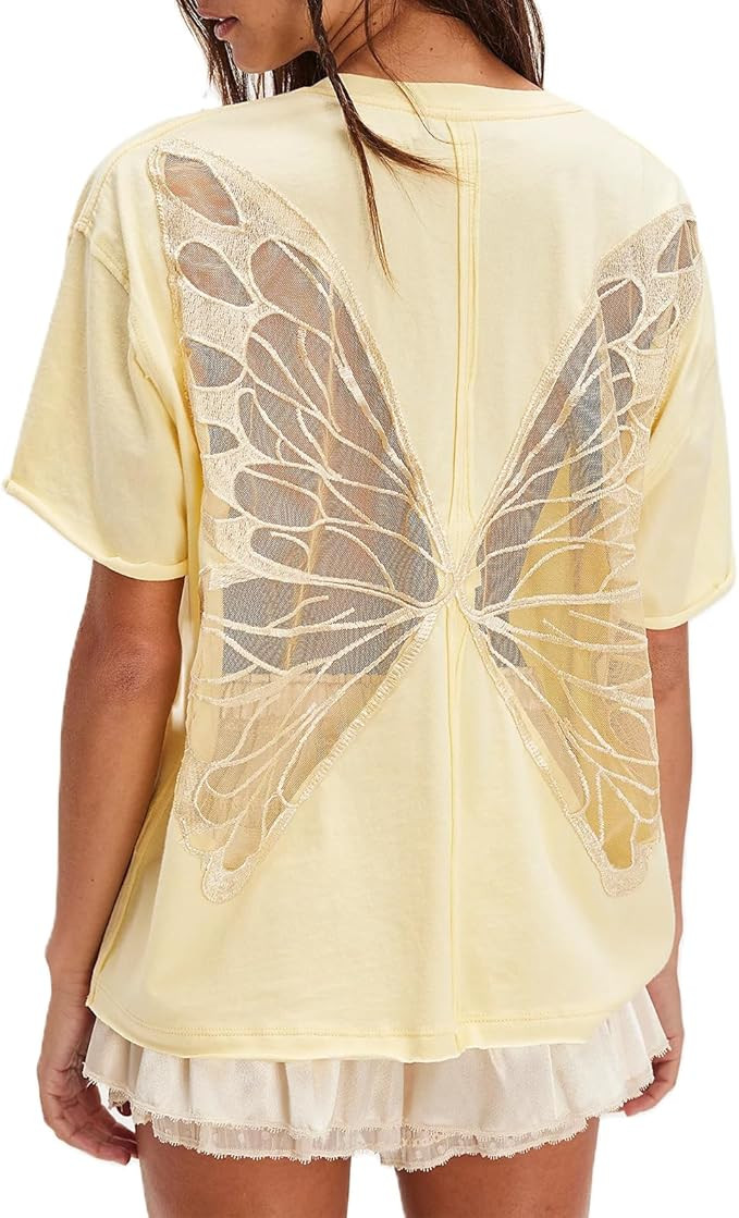 Women Butterfly Lace Short Sleeve Top Y2k Oversized Cut Out Solid Crew Neck T Shirts Vintage Summ... | Amazon (US)