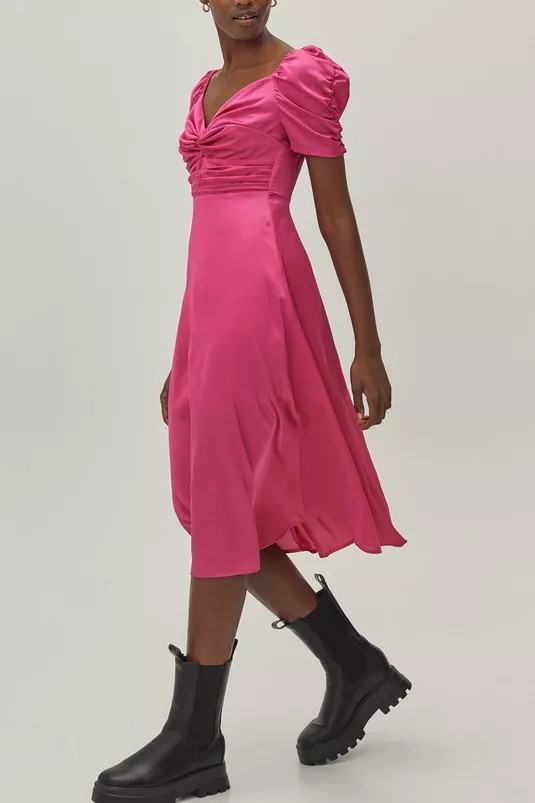 Satin Twist Front Puff Sleeve Midi Dress | Nasty Gal (US)