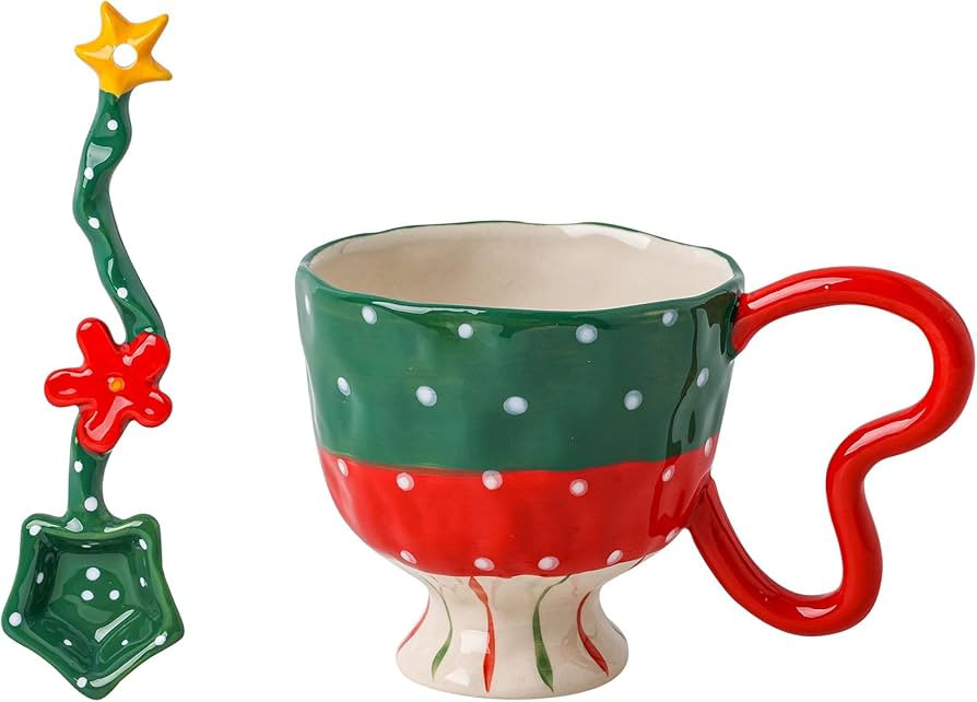 12 Oz Ceramic Coffee Mug with Handle - Tall Tea Cup with Spoons, Cute Christmas Porcelain Mugs, F... | Amazon (US)