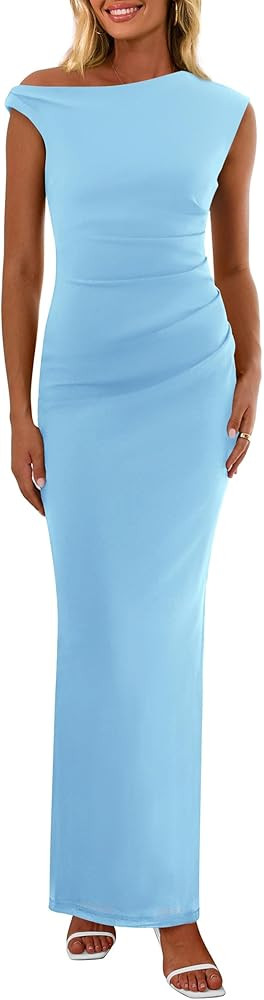 PRETTYGARDEN 2025 Women Summer Formal Maxi Dresses Sleeveless One Shoulder Bodycon Ruched Mesh We... | Amazon (US)
