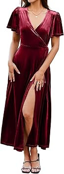 BerryGo Women's Velvet V Neck Wrap Fall Maxi Dress Formal Bell Sleeve Bridesmaid Cocktail Party L... | Amazon (US)