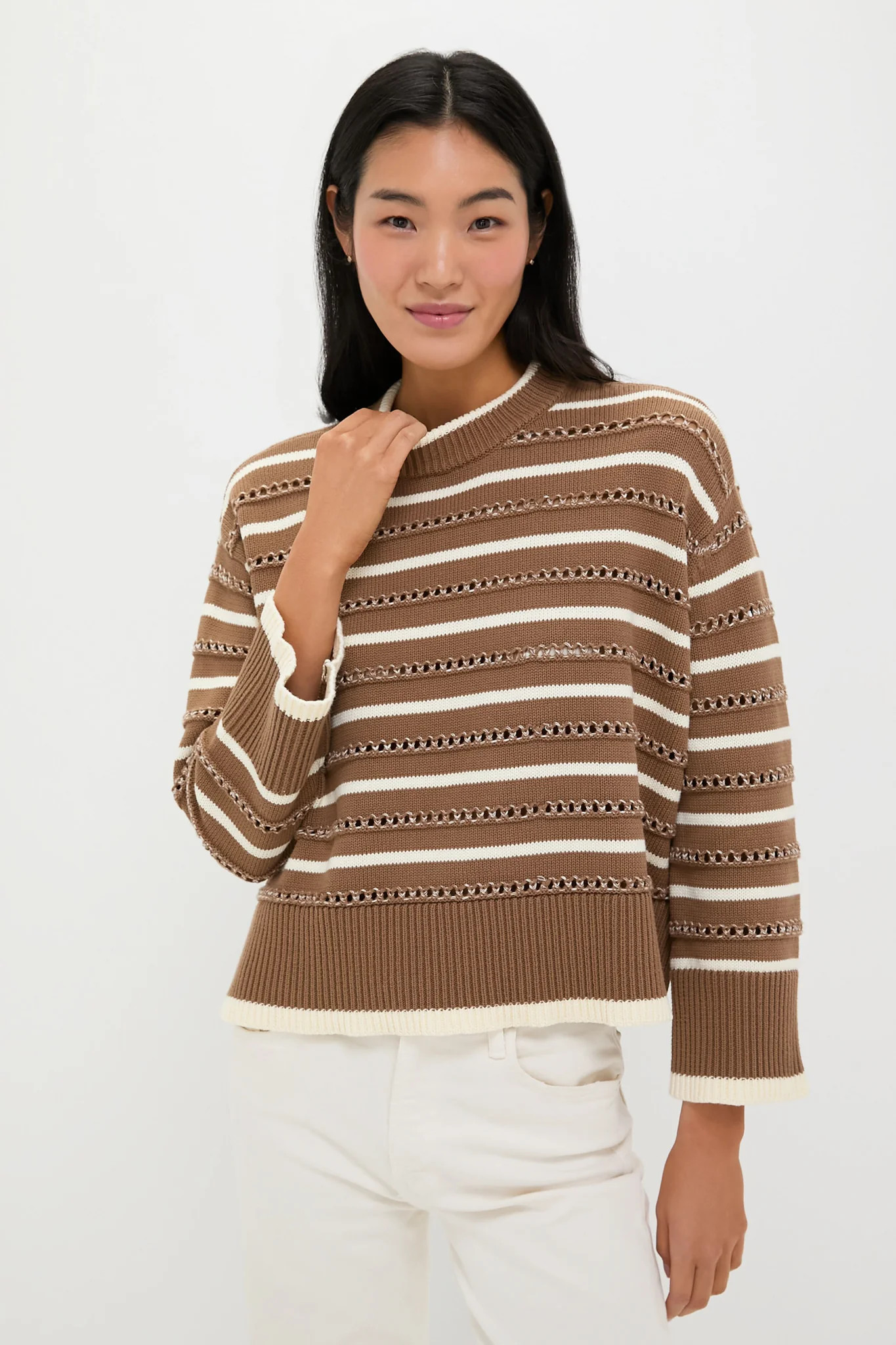 Mocha and Ivory Pointelle Stripe Maxine Sweater | Tuckernuck (US)
