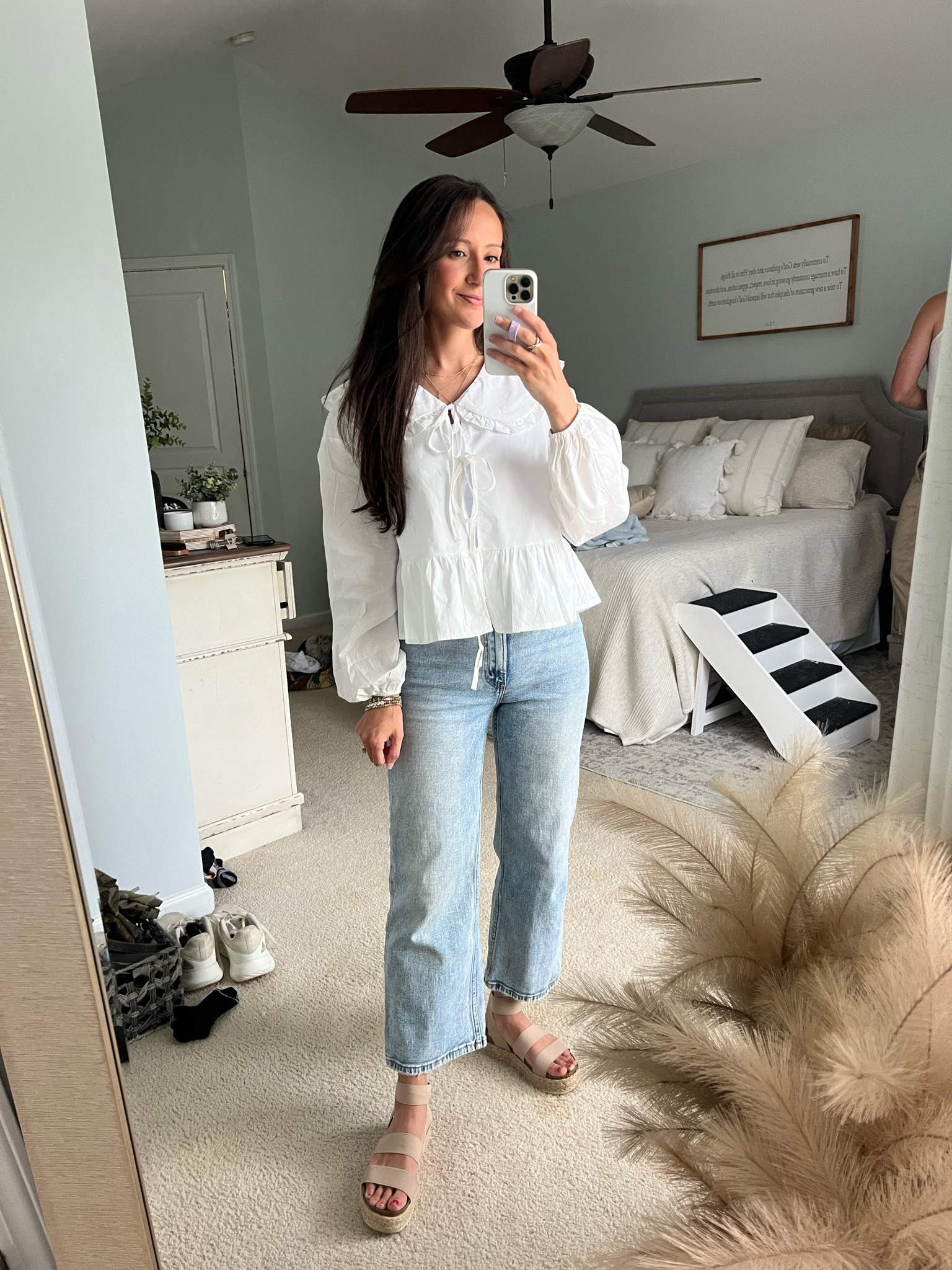 Front tie blouse from Amazon -size small 
Abercrombie ultra high rise cropped wide leg jeans- curve love size 25 short
Neutral summer outfit
Church outfit 
Flatform sandals 