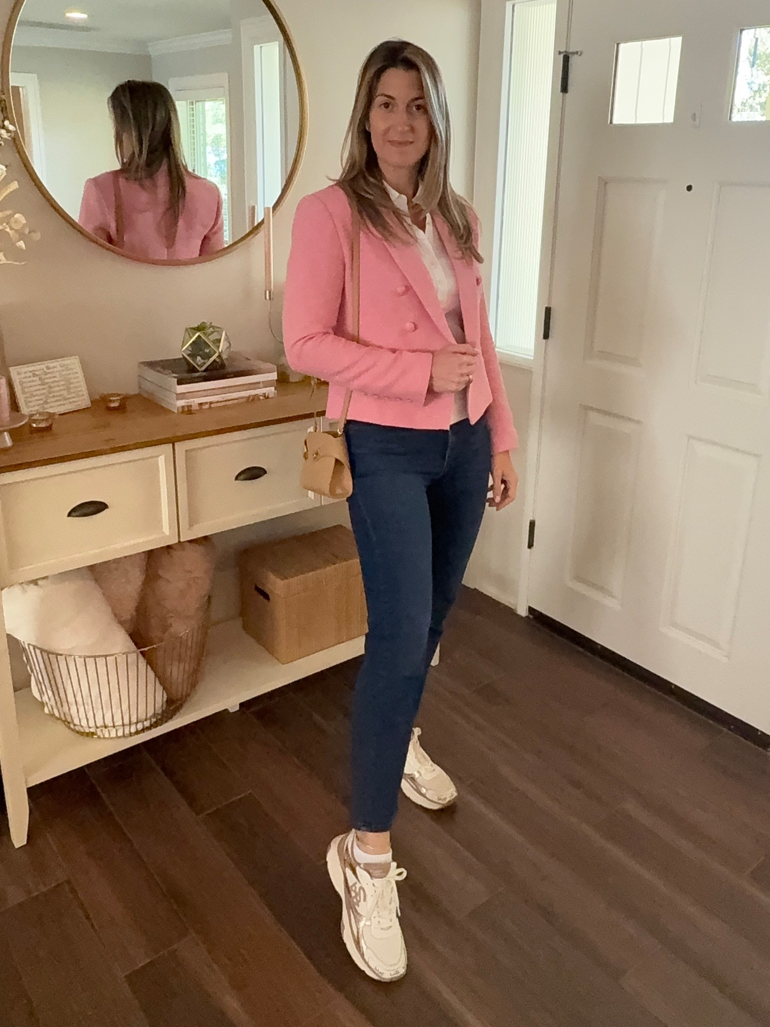 This cropped tweed blazer is perfect with trousers or dressed down with denim and sneakers for an off duty look. The collared ribbed short sleeve shirt underneath is so good I stocked up on colors. Wearing my favorite straight leg jeans that I own in nearly every wash 😂 Stock up on staples!

Blazer runs TTS. Wearing size 6. 
Shirt runs TTS. Wearing size small.
Jeans run TTS. Wearing size 28.  

#LTKOver40 #LTKTall