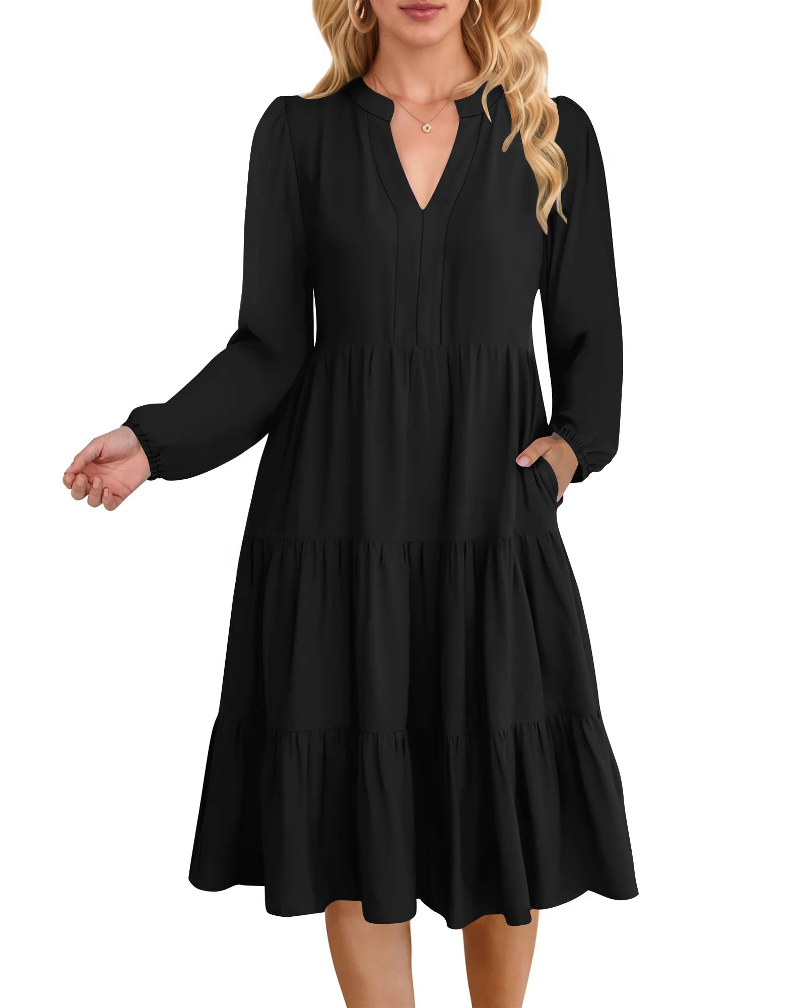 UVN Fall Dresses for Women Long Sleeve V Neck Midi Dress Casual Loose Flowy Swing Tiered Dress wi... | Walmart (US)