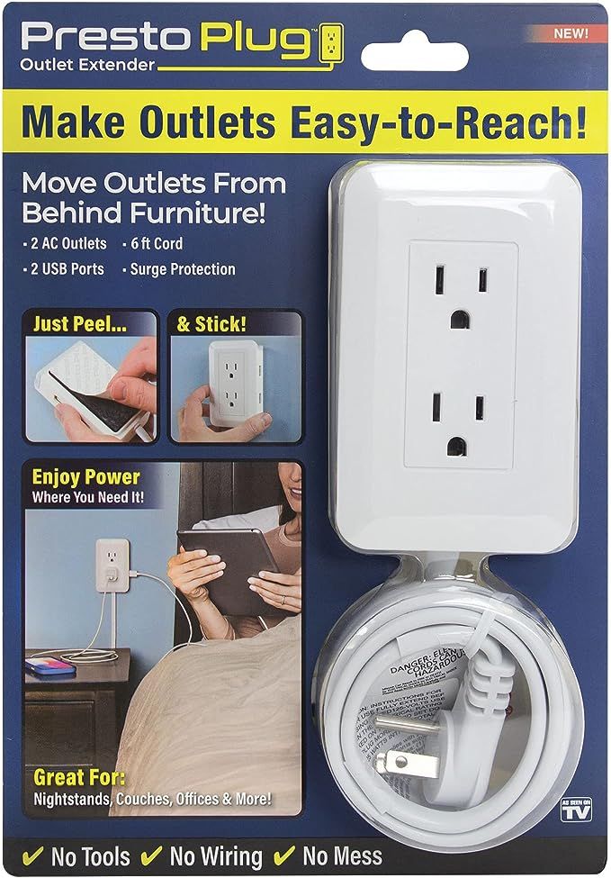 Ontel Presto Plug Outlet Extender for Relocating Unreachable Power Outlets, 6' Cord, Sticks Easil... | Amazon (US)