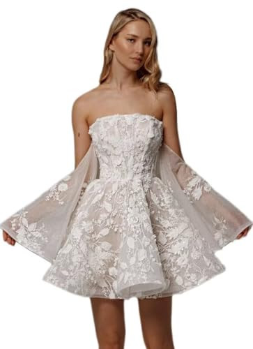 UZN Short White Wedding Dress for Bride Puffy Sleeves Lace Appliques 3D Flowers Tulle Strapless A Line Bridal Dress for Wedding US10 | Amazon (US)
