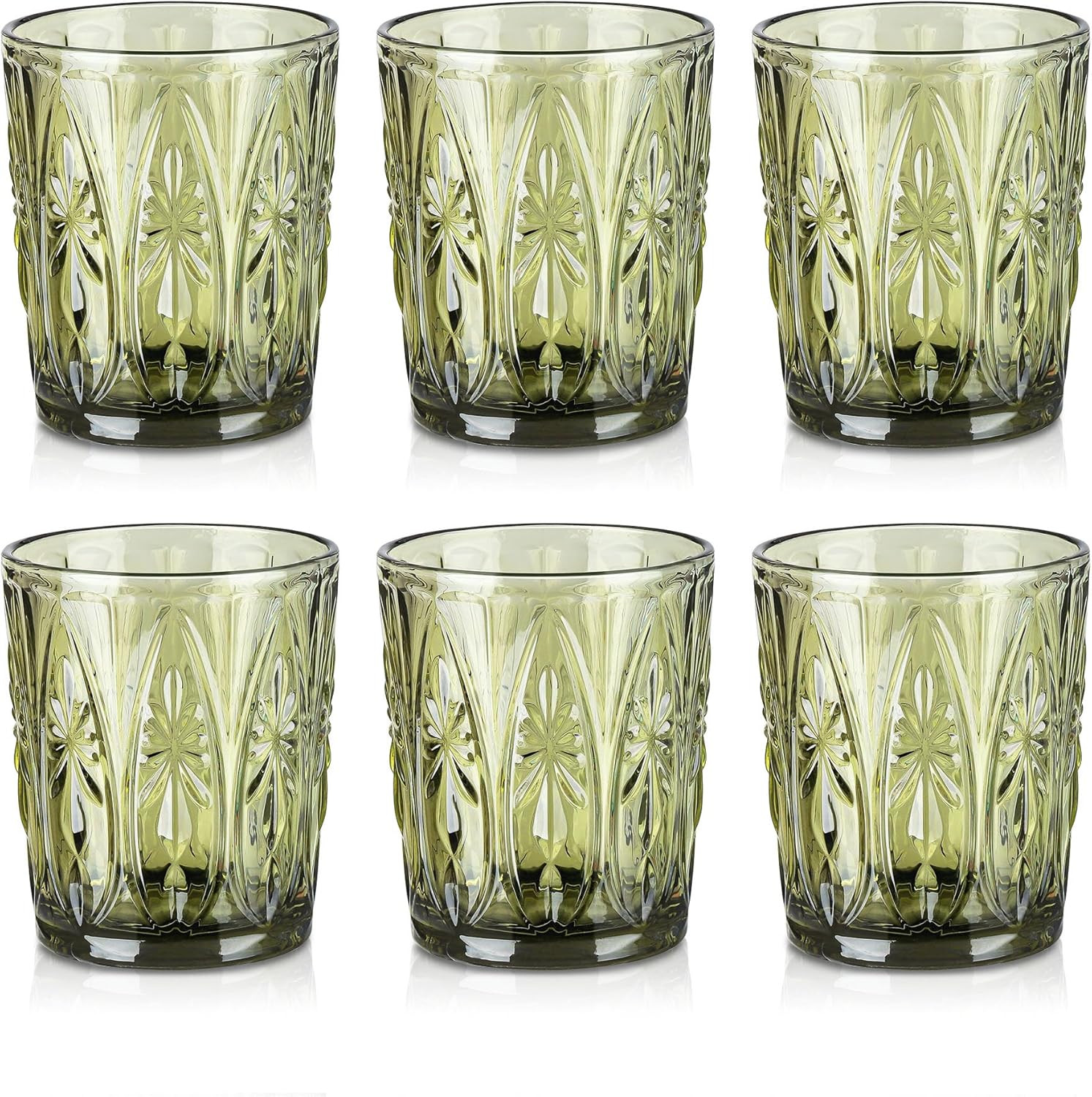 Joeyan Green Vintage Drinking Glasses,Embossed Small Water Glass Tumbler with Floral Design,11oz Colored Decorative Glassware for Beverages Juice Whisky Cocktail Beer Wine,Set of 6,Dishwasher Safe | Amazon (US)