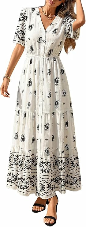 PRETTYGARDEN Womens Summer Boho Maxi Dress 2026 Trendy Short Sleeve V Neck Flowy Beach Floral Dre... | Amazon (US)
