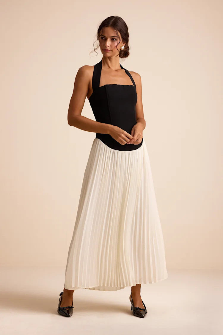Suri Black and Ivory Mixed Media Halter Maxi Dress | Lulus