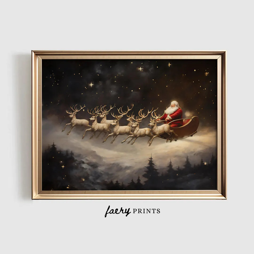 Santa Claus Art Print Christmas PRINTABLE Wall Art Sleigh & Reindeers Digital Art Print Vintage F... | Etsy (US)