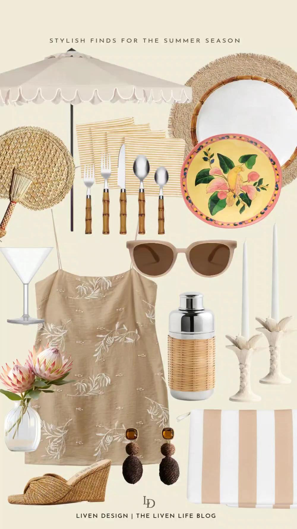 Summer style inspiration. Mini dress. Palm Springs. Melamine plates. Bamboo plates. Outdoor dining. Outdoor patio umbrella. Acrylic Martini glasses. Sunglasses. Wedges. Palm candle holders 

#LTKSeasonal #LTKHome #LTKSaleAlert