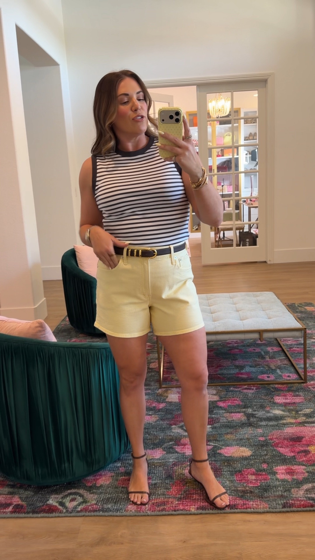 curvy midsize casual summer outfit! wearing size large in brown and white striped tank and size 30 in butter yellow denim shorts. outfit is 20% off with code LTK20

#LTKMidsize #LTKSeasonal #LTKxMadewell