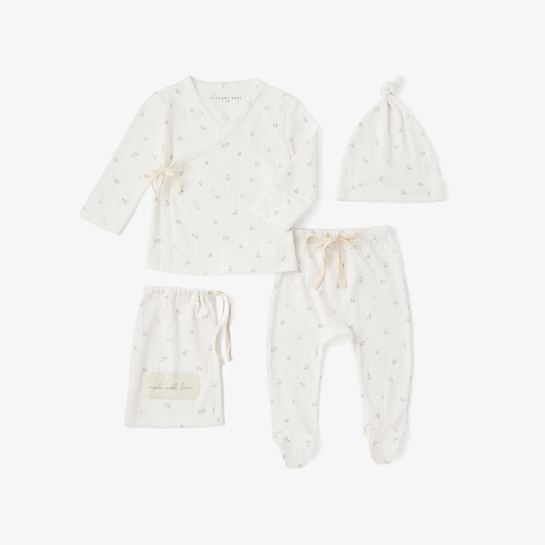 White Floral Organic Cotton Pointelle Layette 3 Pc Gift Set | Elegant Baby