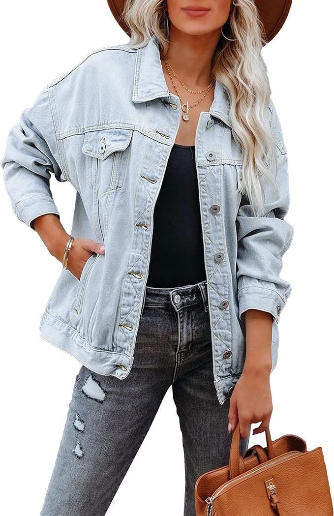 luvamia Womens Jean Jacket Oversized Boyfriend Trucker Denim Jackets for Women Shacket | Amazon (US)