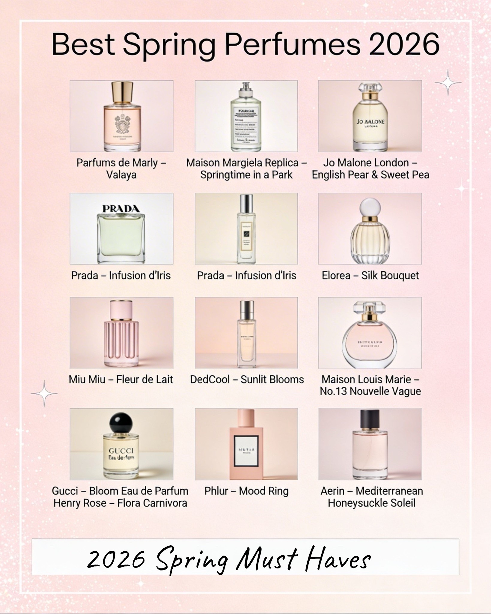 Best Spring Perfumes 2026 🌸  
Light, fresh, and feminine – these are the scents I’d actually wear on repeat this season. Every pick feels like sunshine, soft florals, or clean‑skin vibes in a bottle.
Shop the lineup:
1.	Parfums de Marly – Valaya
2.	Maison Margiela Replica – Springtime in a Park
3.	Jo Malone London – English Pear & Sweet Pea
4.	Prada – Infusion d’Iris
5.	Elorea – Silk Bouquet (Korean) 
6.	Miu Miu – Fleur de Lait
7.	DedCool – Sunlit Blooms
8.	Maison Louis Marie – No.13 Nouvelle Vague
9.	Gucci – Bloom Eau de Parfum
10.	Henry Rose – Flora Carnivora
11.	Phlur – Mood Ring
12.	Aerin – Mediterranean Honeysuckle Soleil #LTKSpring #SpringFragrances 

#LTKSeasonal #LTKselfcare #LTKBeauty