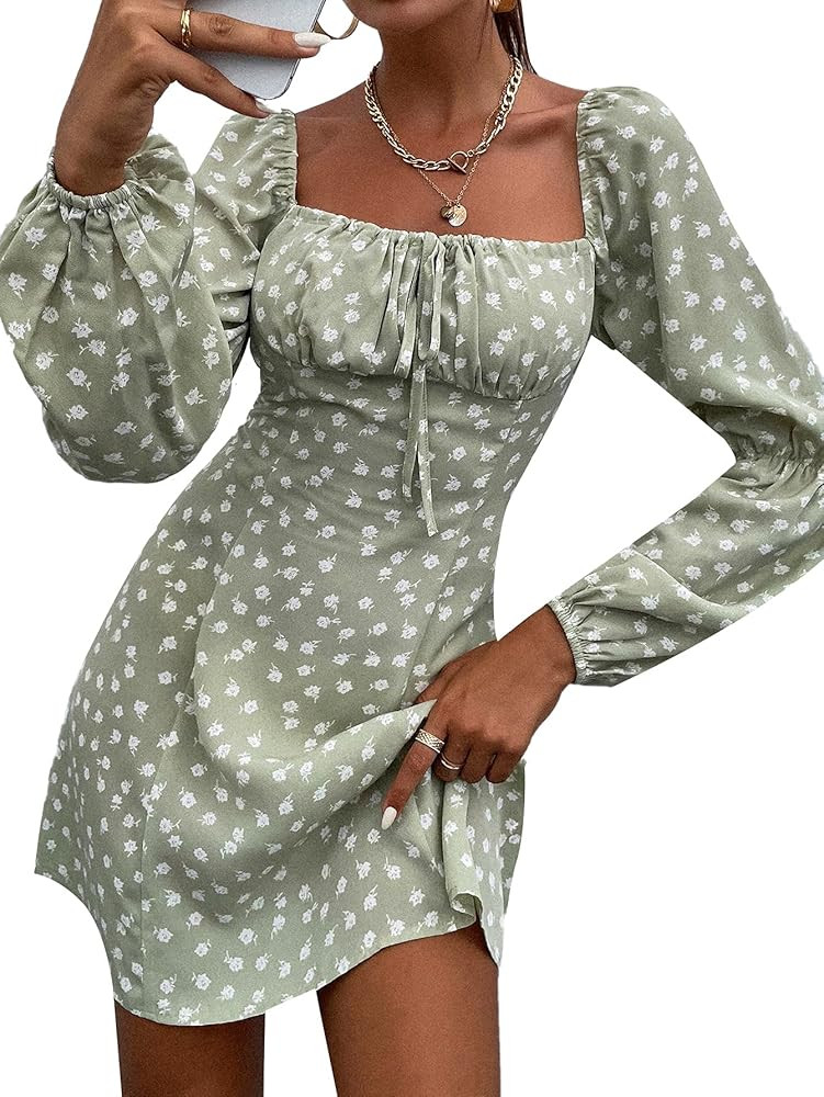 SheIn Women's Long Sleeve Square Neck High Waist Ditsy Floral Boho Mini Dress | Amazon (US)