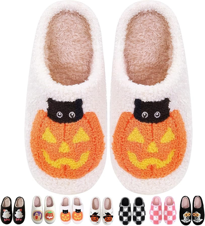 Halloween Pumpkin Slippers for Women, Cozy Plush Spooky Slippers, Ghostface Cartoon Slipper, Non-... | Amazon (US)