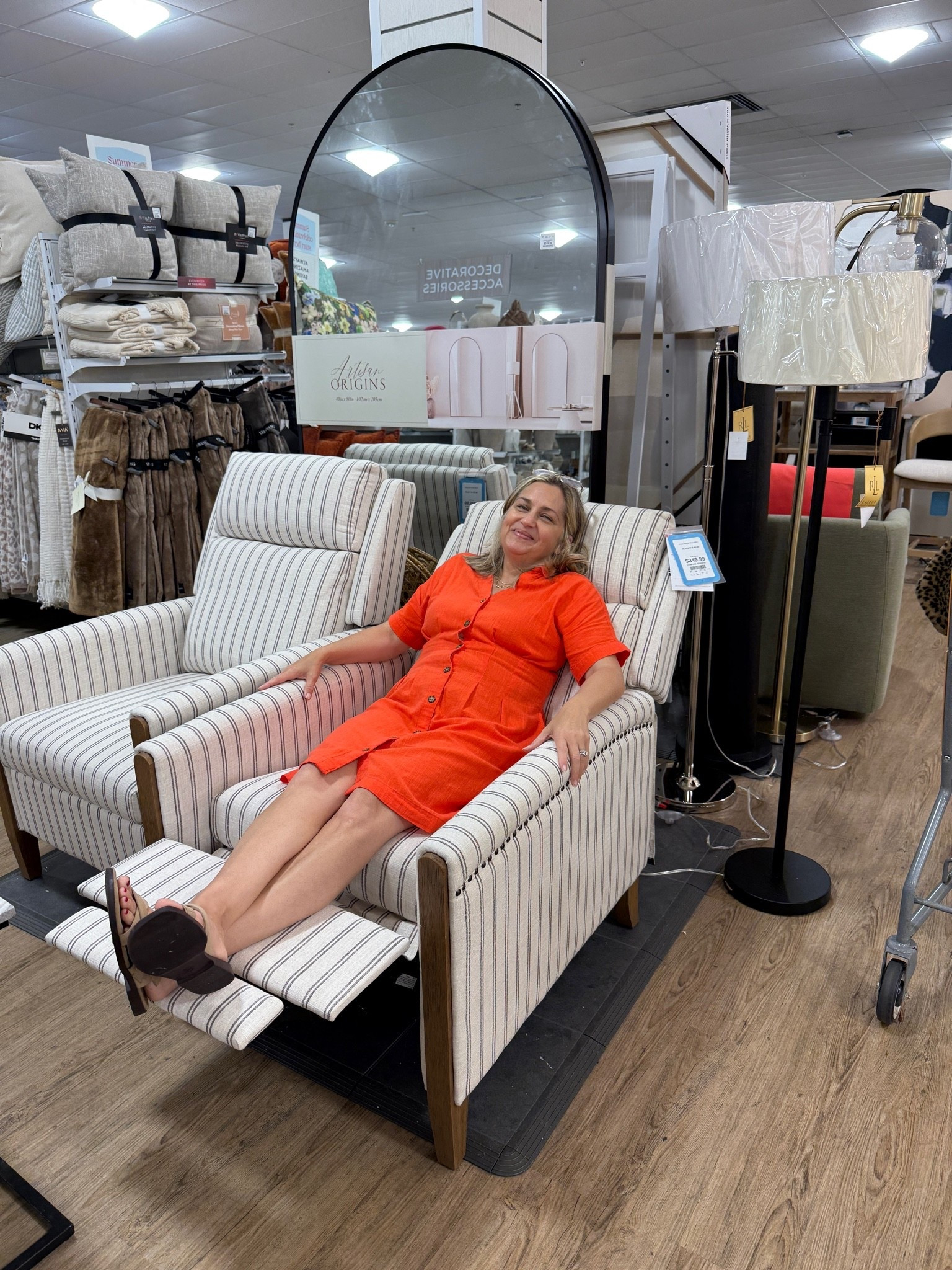 Trying out this cute recliner in my orange dress!

#LTKdayinmylife #LTKootd #LTKOver40