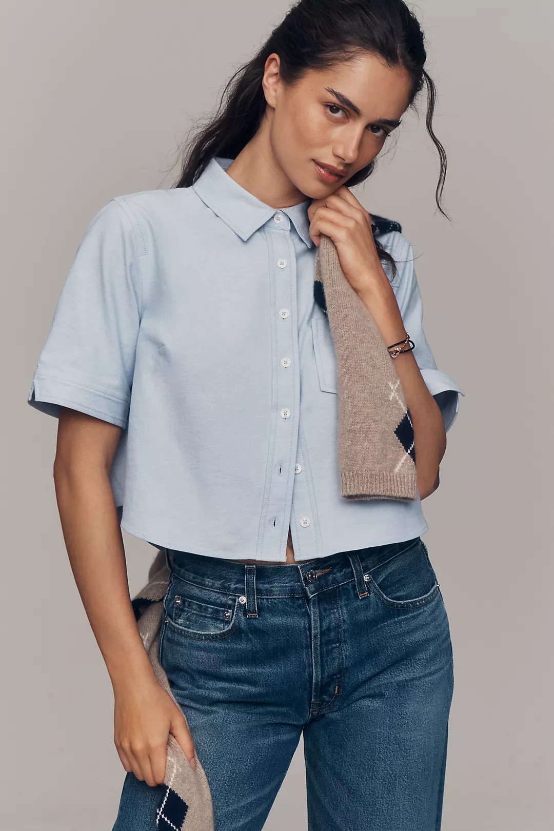 Merritt Short-Sleeve Cropped Buttondown Shirt by Maeve | Anthropologie (US)