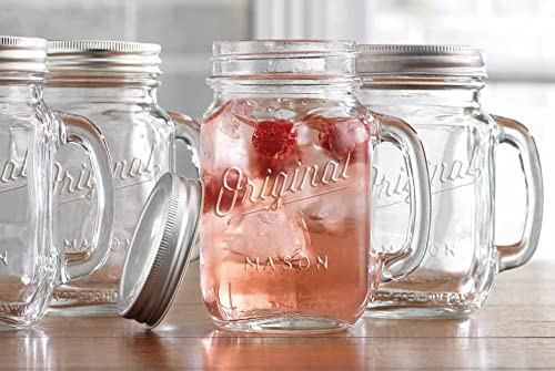 Mason Jar 16 Oz. Glass Mugs with Handle and Lid Set Of 4 - Home Essentials & Beyond - Old Fashioned Drinking Glass Bottles Original Mason Jar Pint Sized Cup Set. | Amazon (US)