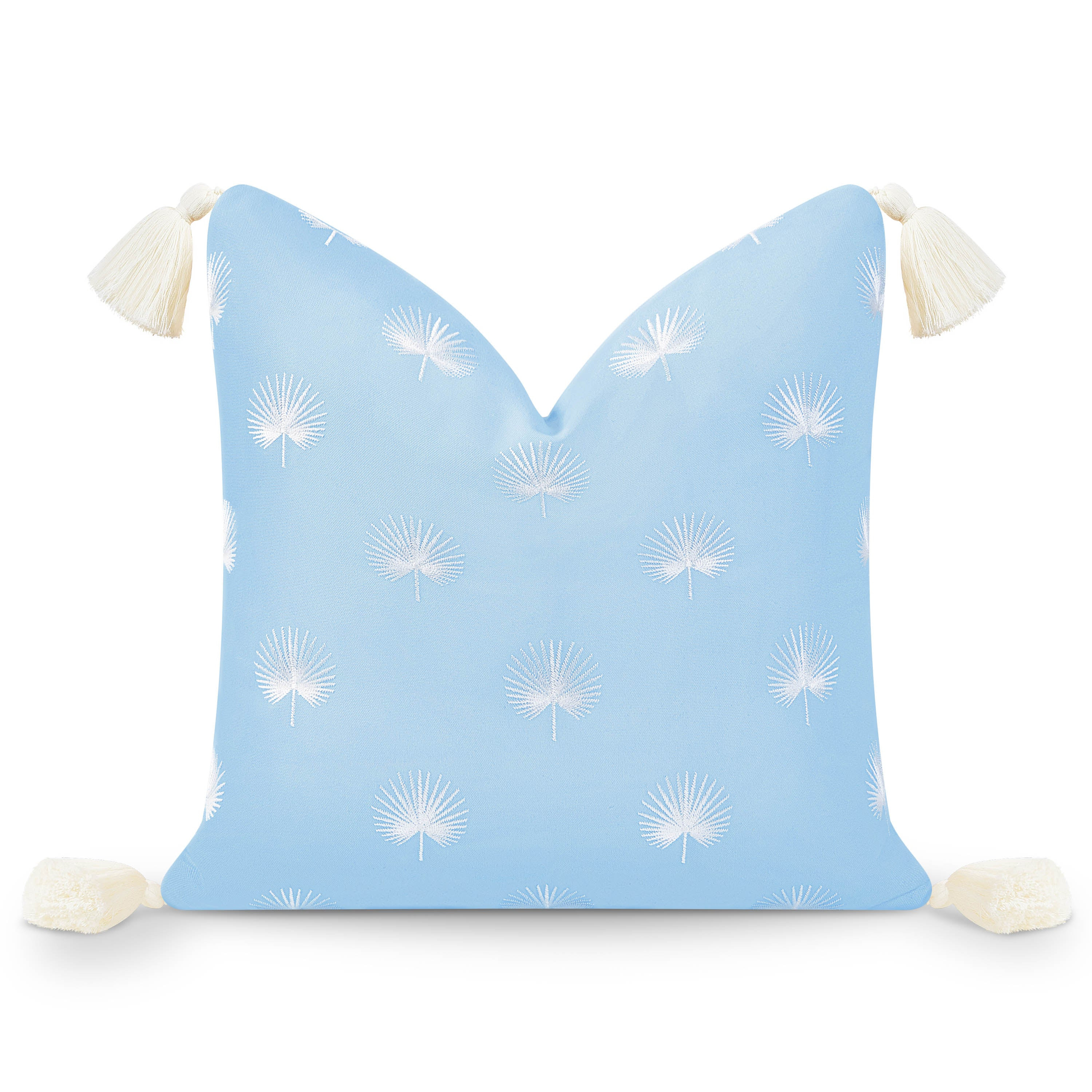 Coastal Hampton Style Indoor Outdoor Throw Pillow Cover, Embroidered Palm Leaf Tassel, Baby Blue,... | Hofdeco