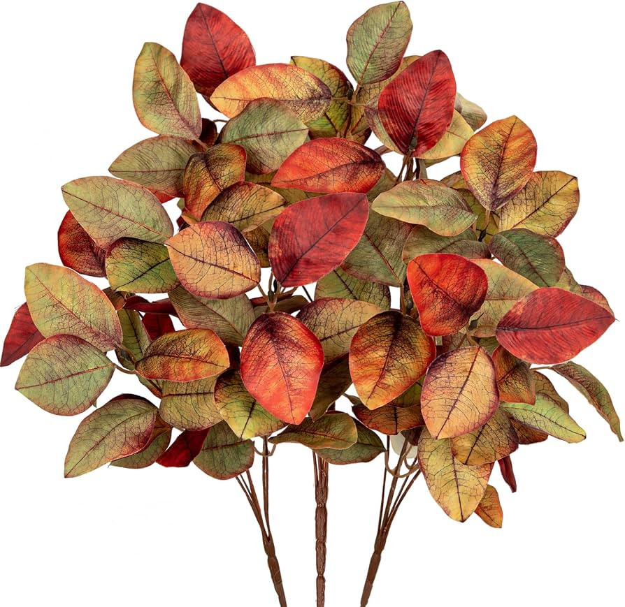 Briful 3 PCS Fall Leaves Artificial Magnolia Leaf Bush, 15" Autumn Fake Greenery Picks for Vase F... | Amazon (US)