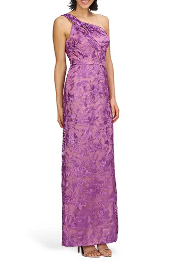 JS Collections Samantha Floral Embroidery One-Shoulder Column Gown in Violet Rose at Nordstrom Rack, Size 12 | Nordstrom Rack