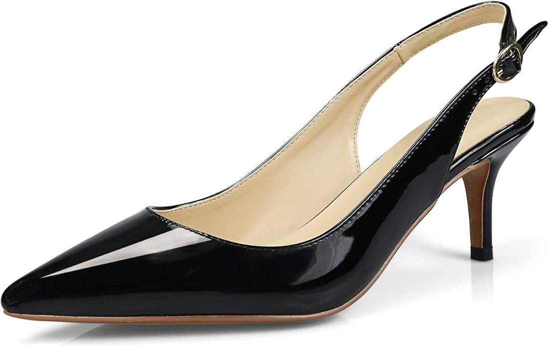 Women's Patent Leather Pointed Toe Elegant Kitten Heel Slingback Dress Pump Shoes | Amazon (US)