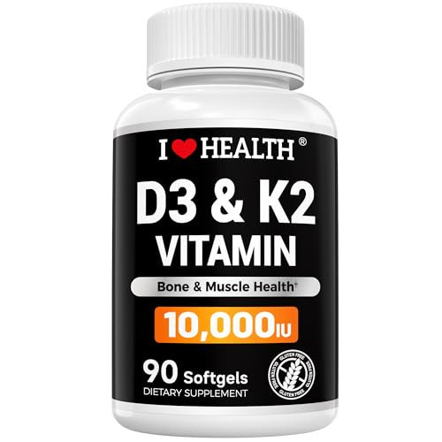 I LOVE HEALTH® Triple Strength Vitamin D3 10,000 IU with K2 (MK-7) Supplement - 90 Softgels - Non-GMO - Gluten-Free - Support Heart & Immune, Bone & Teeth Health - Enhanced Absorption - Made in USA | Amazon (US)