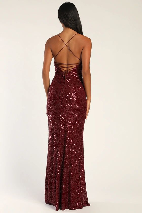 Evenings of Elegance Burgundy Sequin Lace-Up Maxi Dress | Lulus (US)