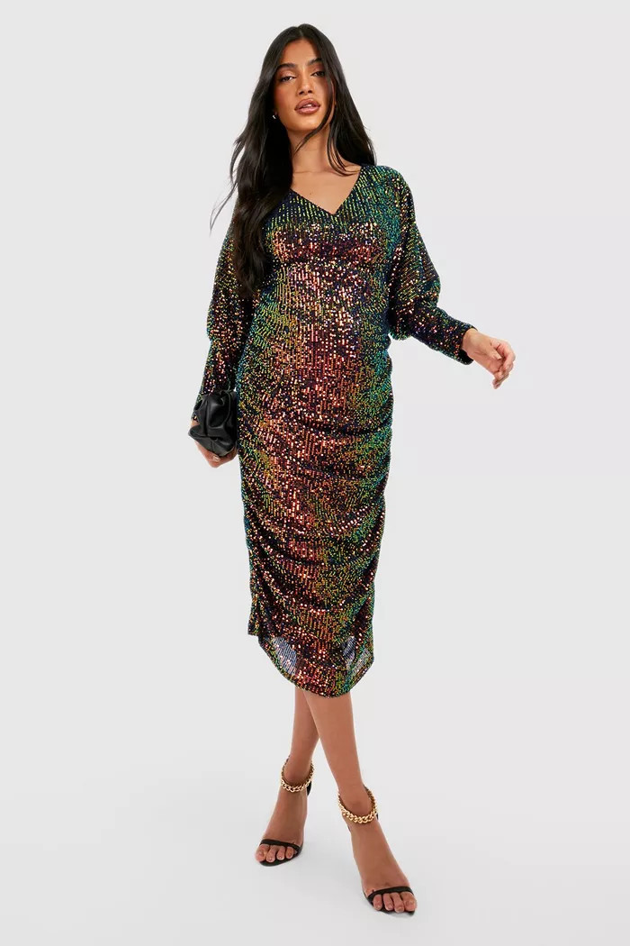 Maternity Sequin Batwing Ruched Midi Dress | boohoo (US & Canada)