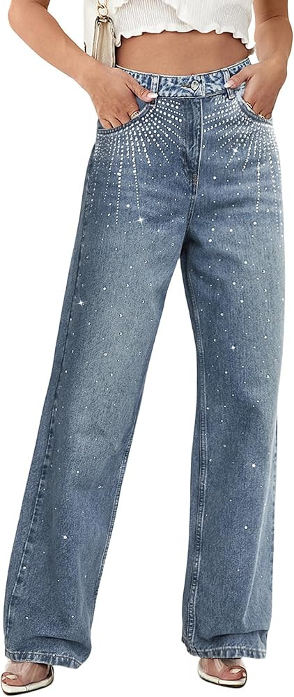 Womens Rhinestone Jeans High Waist Sright Leg Y2K Denim Pants Vintage Wash Trousers Streetwear | Amazon (US)