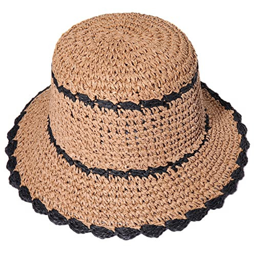 boderier Straw Hats for Women,Beach Hats for Women,Color Trimmed Straw Sun Hat Womens Floppy Straw Bucket Hat Beach Accessories for Women (Brown Black) | Amazon (US)