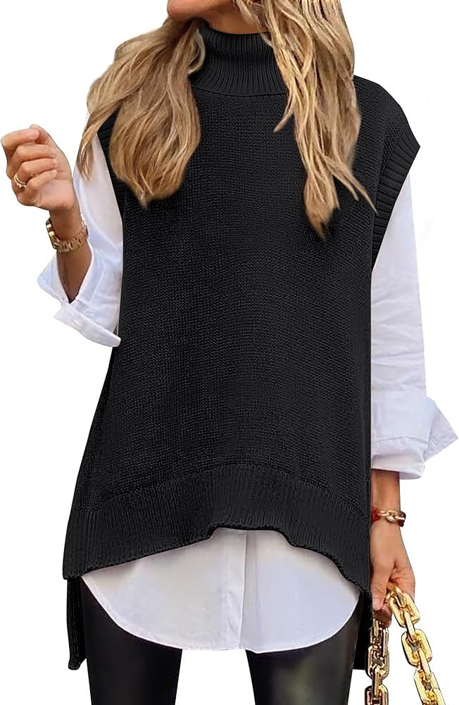 ANRABESS Sweater Vest Women Turtleneck Sleeveless Loose Fit Pullover Knit Spilt Tank Tops 2025 Ca... | Amazon (US)