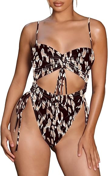 Viottiset Women's Cut Out Drawstring One Piece Swimsuit Cheeky High Cut Bathing Suit | Amazon (US)