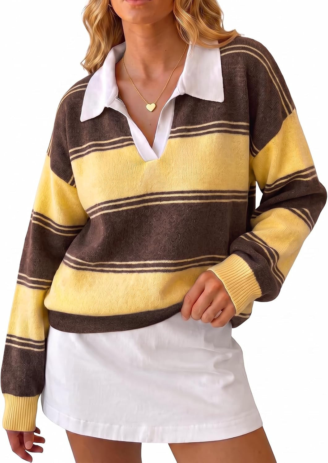 Cicy Bell Women Striped Sweater Polo V Neck Long Sleeve Pullover Knit Tops | Amazon (US)