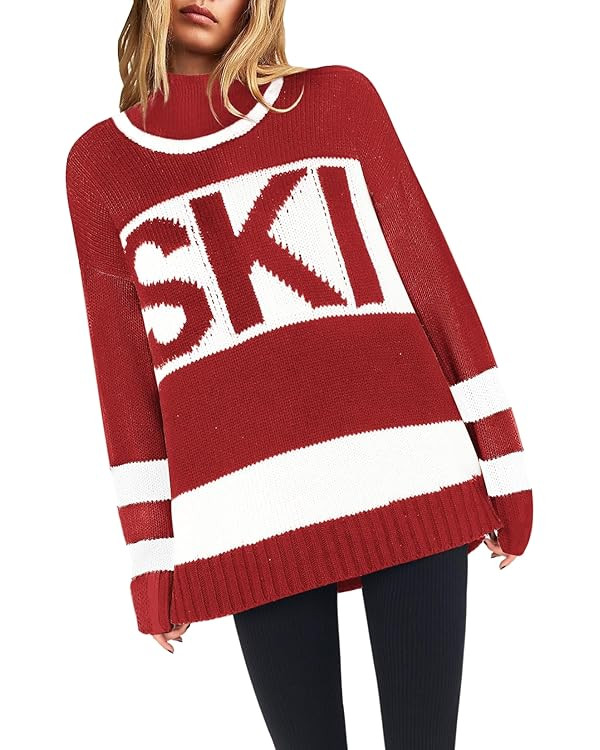 Yousify Womens Sweaters Fall 2024 Oversized Color Block Ski Sweater Crewneck Winter Tops S-2XL | Amazon (US)