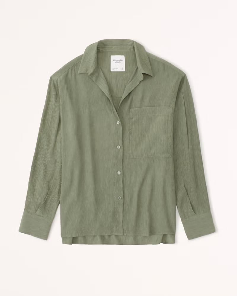 Oversized Long-Sleeve Crinkle Button-Up Shirt | Abercrombie & Fitch (US)