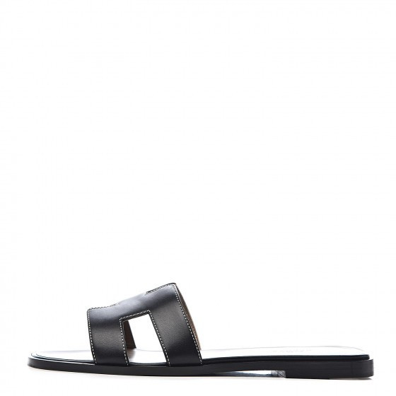 HERMES Box Calfskin Oran Sandals 39 Black | Fashionphile