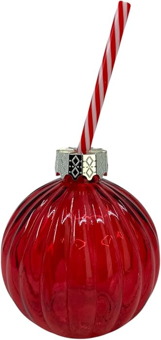 Christmas Ornament Drinking Glass, Red Ribbed Glass Cup with Candy Cane Striped Straw, Silver Dec... | Amazon (US)