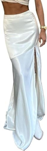 Women's Elegant Sexy Chic White Silk Long Skirts High Waist Satin Bodycon High Slit Maxi Evening Party Cocktail Skirt (White,Small,Small) | Amazon (US)