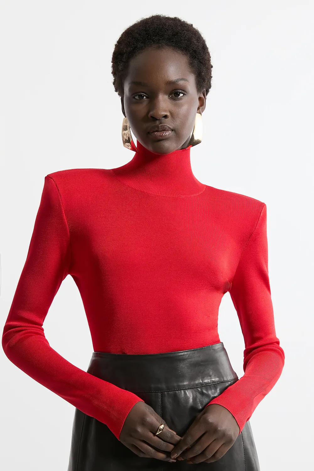 Slinky Drape Knit Power Shoulder Funnel Neck Top | Karen Millen UK + IE + DE + NL