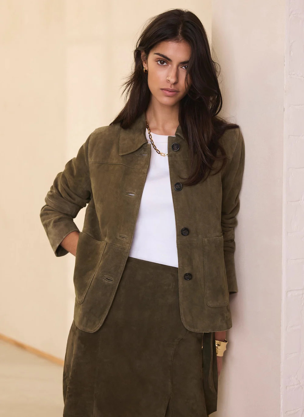 Khaki Suede Jacket | Mint Velvet